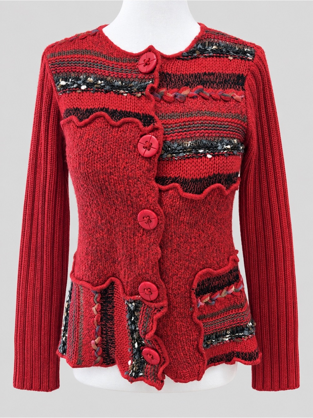 Coldwater Creek XS Red Patchwork Mixed Knit Cardigan Sweater Button Front